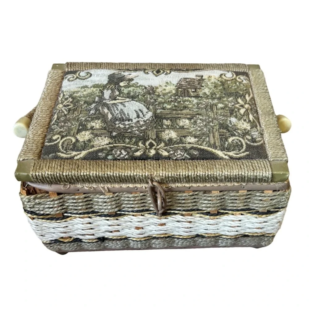 Vintage Sewing Basket‎ Box Wicker Tapestry Cottagecore Organizer with Tray